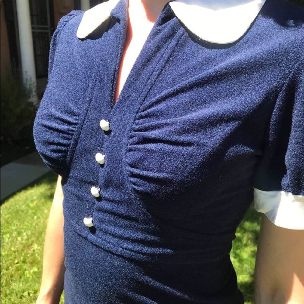 Vintage 1970s does 1930s Navy Fleece Dress XS - Picture 1 of 7